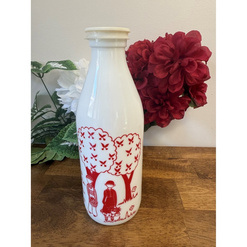 Vintage Portugal Milk Glass Bottle Red Folk Art Design Children Original Lid‎